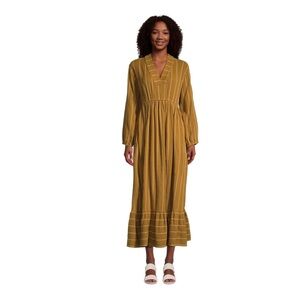 World Market Mira Kaftan Mustard Long Sleeve Maxi Cottagecore Prairie Dress L/XL
